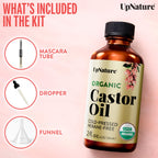 UpNature Castor Oil Eyelash & Eyebrow Growth Serum, USDA Organic, 2oz | Includes mascara wand & brow brush applicators - pure cold-pressed castor oil for lashes, eyebrows & hair growth