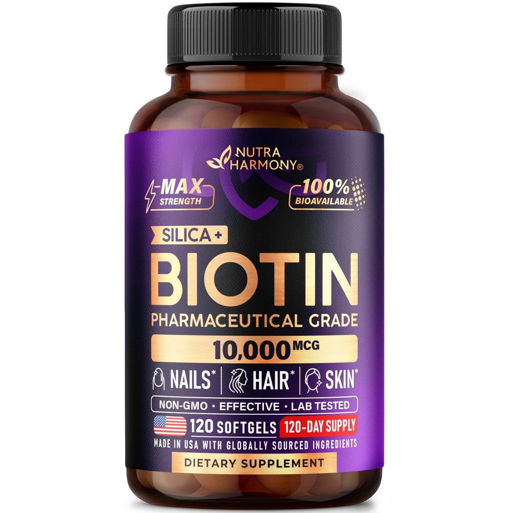 Biotin 10000mcg + Silicon - Pharmaceutical Grade Biotin - 120 Softgels | Biotin Supplement for Hair Growth Support, Skin & Nails for Women - Max Strength & 100% Bioavailability - 120-Day Supply