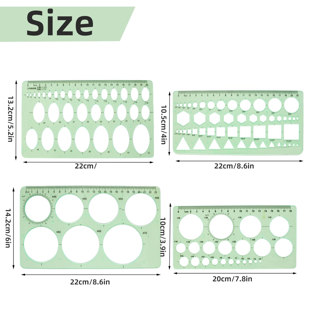 4PCS Circle Template, Plastic Circle and Oval Measuring Templates, Formwork Drawings Templates (Clear Green)