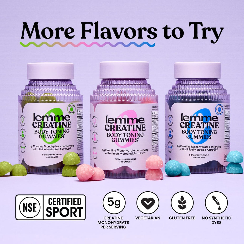 Lemme Creatine Monohydrate Gummies, Sour Strawberry (60 Gummies) | 5g Creatine for Lean Muscle, Strength, Recovery & Cognitive Health with Ginseng for Absorption. NSF Certified for Women & Men