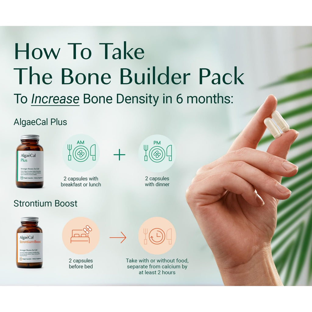 ALGAECAL Bone Builder Pack, Calcium + Strontium for Bone Density, 1 Month | Plant calcium (720mg) plus strontium, D3 (1600IU), K2 (100mg), magnesium (350mg) & 16 nutrients for bone density support.