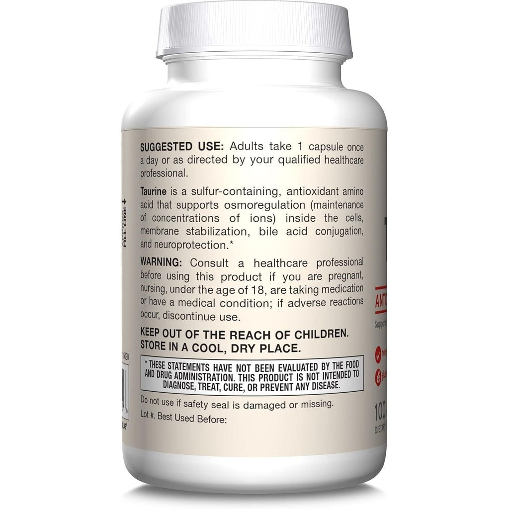 Buy now Jarrow Formulas Taurine 1000 mg - 100 Capsules - Antioxidant Amino Acid - Brain Health & Function - Pharmaceutical Grade Taurine Capsules - 100 Servings at indiglob india