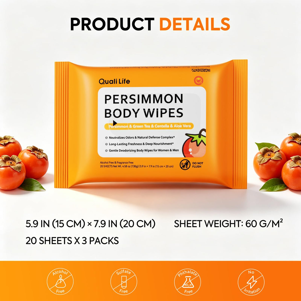 Persimmon Deodorant Wipes - Long-Lasting Odor Control - Fragrance-Free