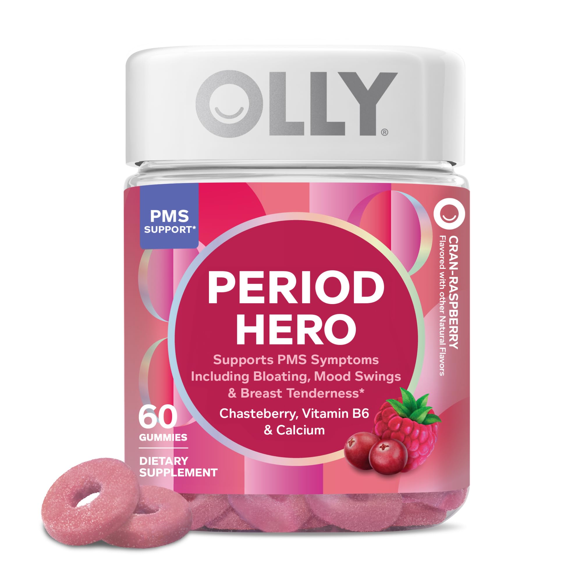 OLLY Period Hero Gummies, PMS Support Supplement,* Cran-Raspberry- 60 Count