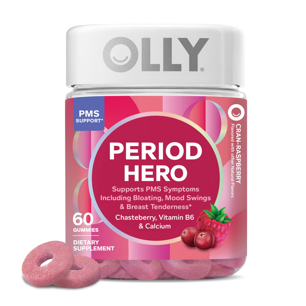 OLLY Period Hero Gummies, PMS Support Supplement,* Cran-Raspberry- 60 Count
