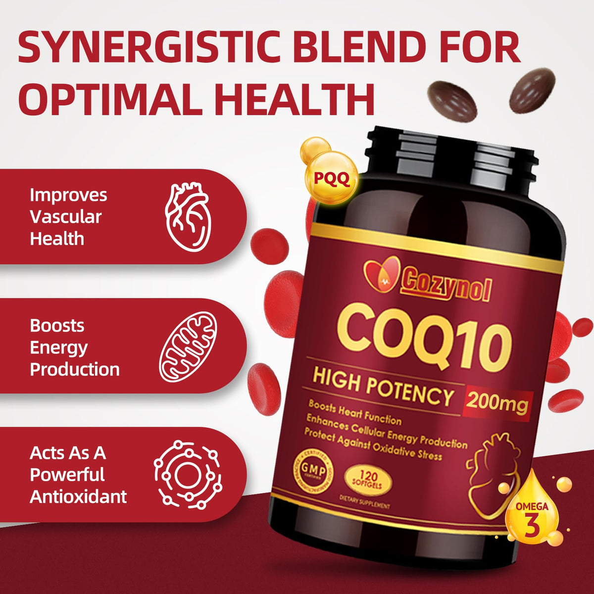 CoQ10 200mg Softgels with PQQ & Omega 3 Fish Oil, 120 Count