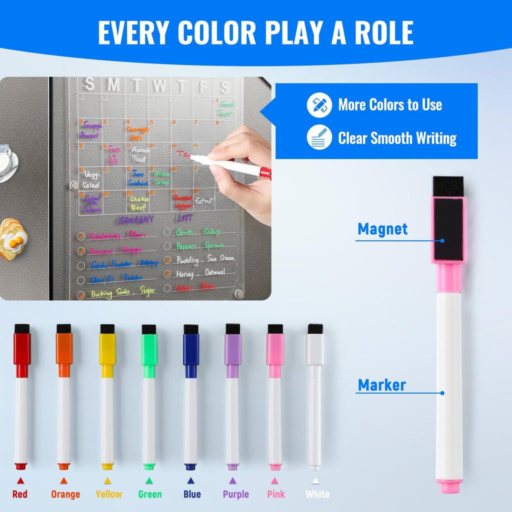 Large Acrylic Magnetic Calendar for Refrigerator, 2in1 Clear Fridge Calendar, Monthly Planning Board with to Do List, for Businees Meetings/Grocery List, 8 Color Markers -14.5''*11.5''