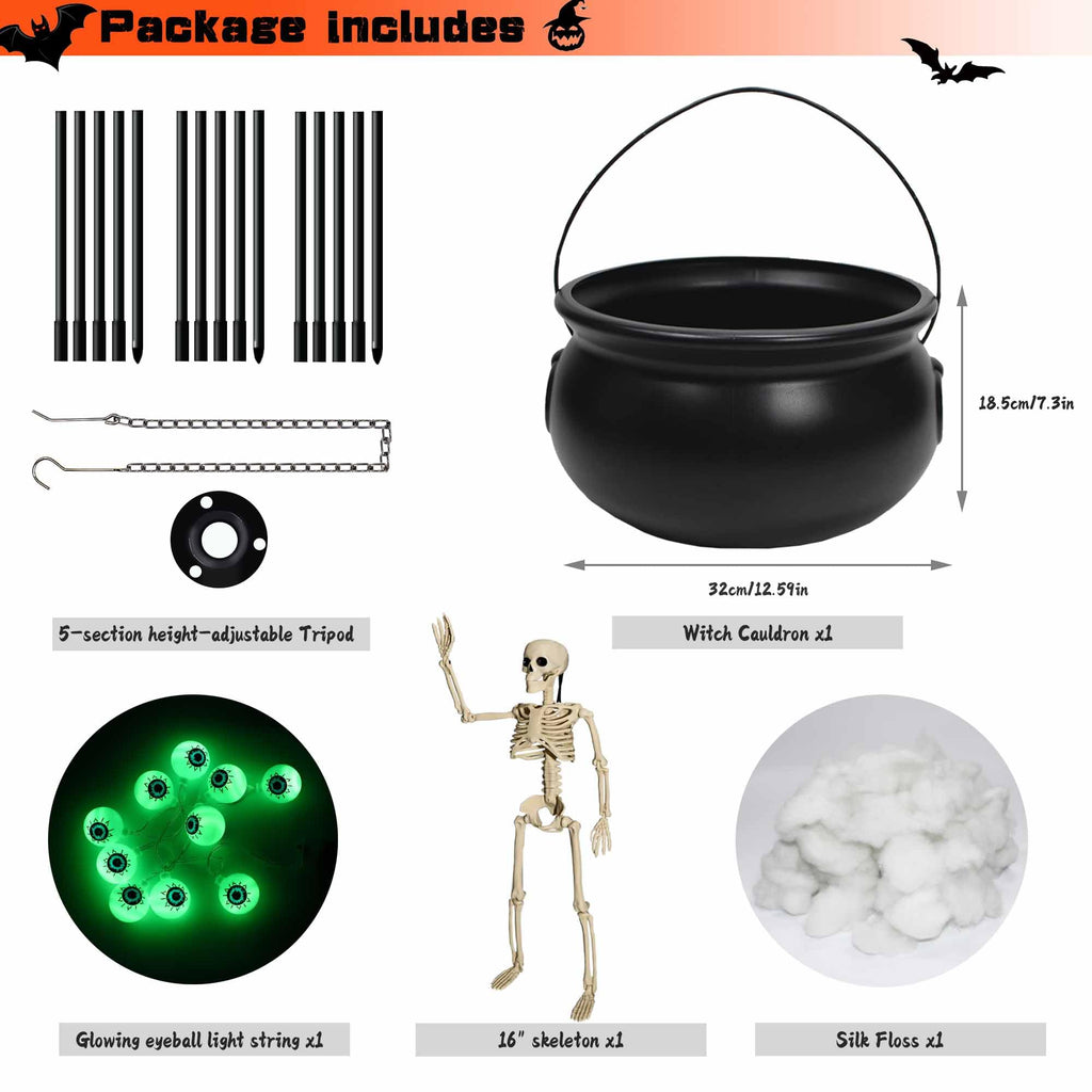 Halloween Outdoor Decorations, Witches Cauldron for Yard Decorations, Witch Decor Indoor, Halloween Witch Cauldron with Tripod with Eyeballs String Lights and Skeleton for Home & Porch Decor