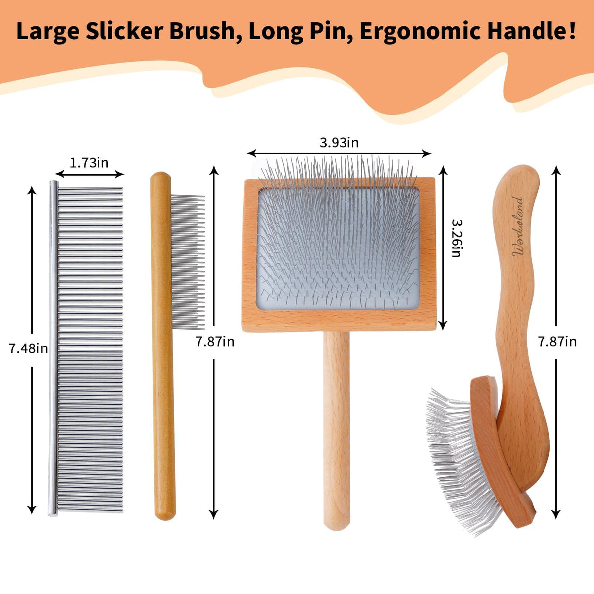 Slicker Brush for Long Haired Dogs, Wooden Ergonomic Handle