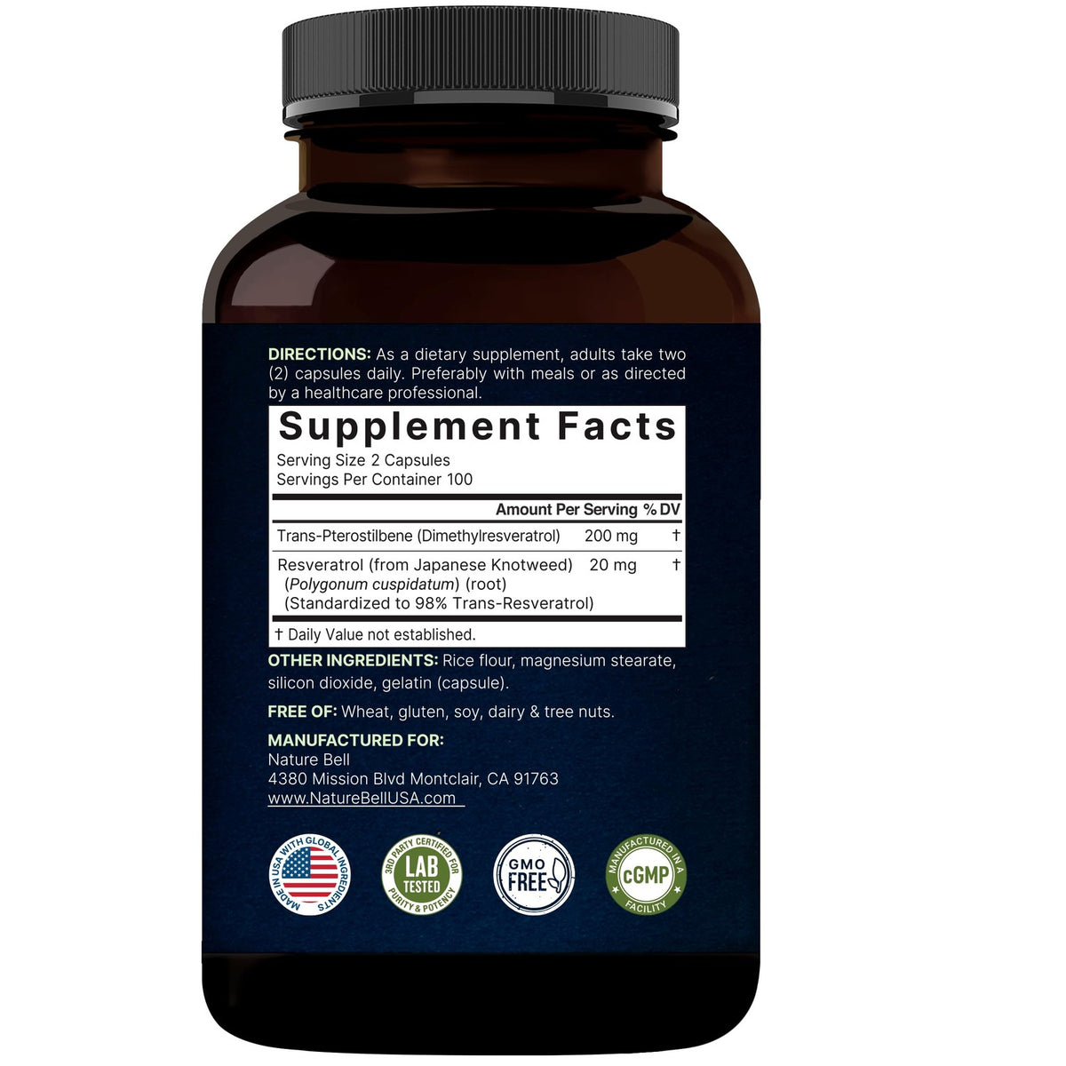 NatureBell Pterostilbene 200 mg Per Serving with Trans-Resveratrol – 200 Capsules – 2-in-1 Antioxidant Polyphenol Formula* – Non-GMO
