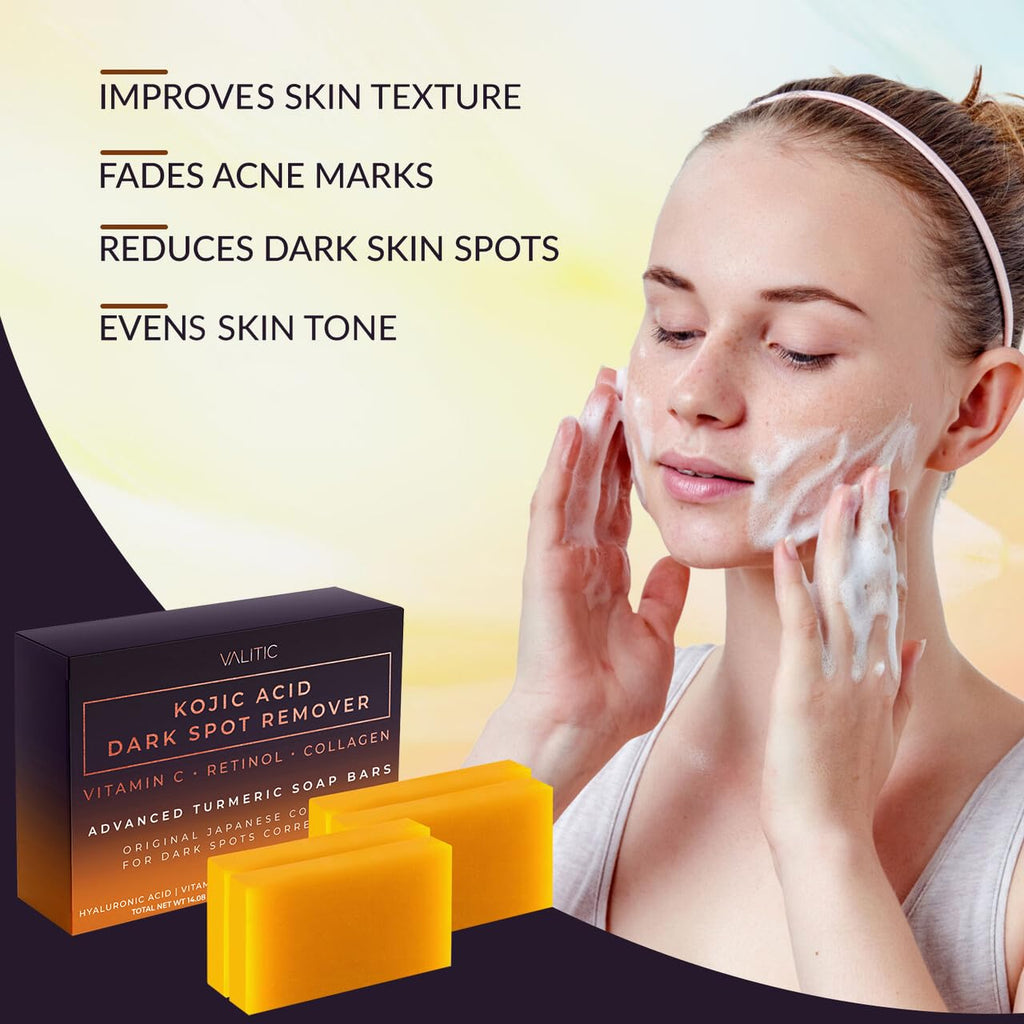 Buy now VALITIC Kojic Acid Dark Spot Remover Soap Bars with Vitamin C, Retinol, Collagen, Turmeric - Original Japanese Complex Infused Hyaluronic Acid, E, Shea Butter, Castile Olive Oil (4 Pack) at indiglob india