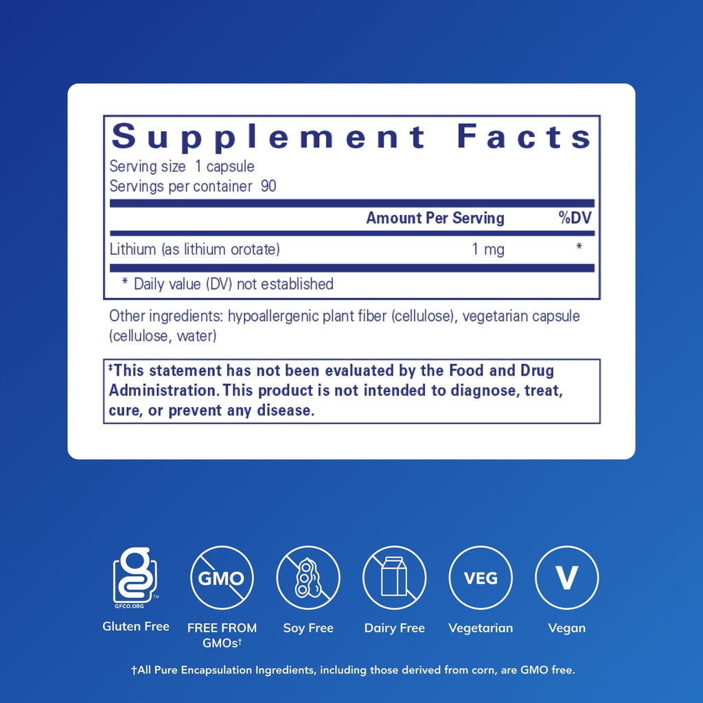 Pure Encapsulations Lithium (Orotate), 90 Capsules | 1 mg, Support for Calmness and Behavior*, Supports Healthy Memory and Behavior*