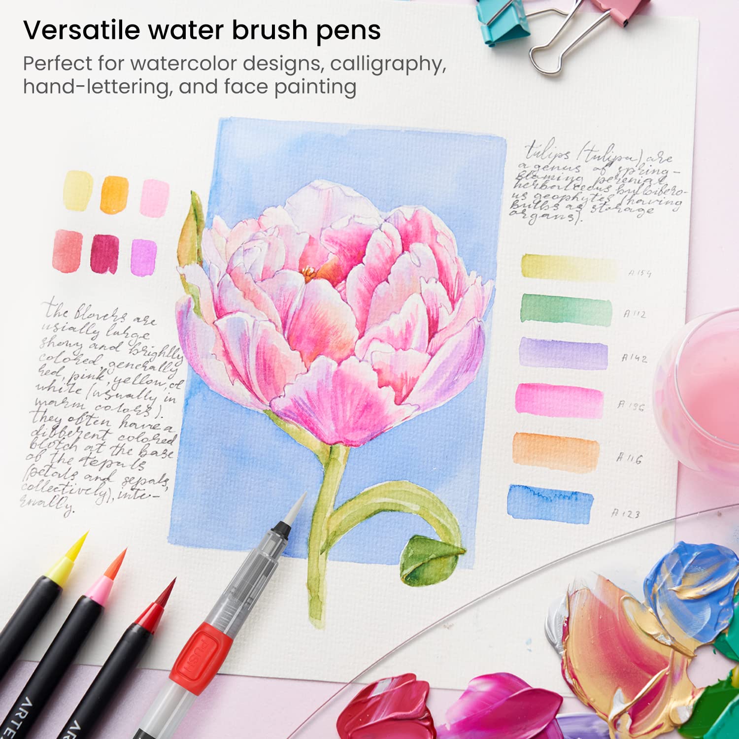 Buy now Arteza Water Brush Pens, Set of 6, with Assorted Soft Nylon Bristle Tip Sizes, Self-Moistening Water Color Paint Pens for Aquarelle, Ink, and Watercolor Painting at indiglob india