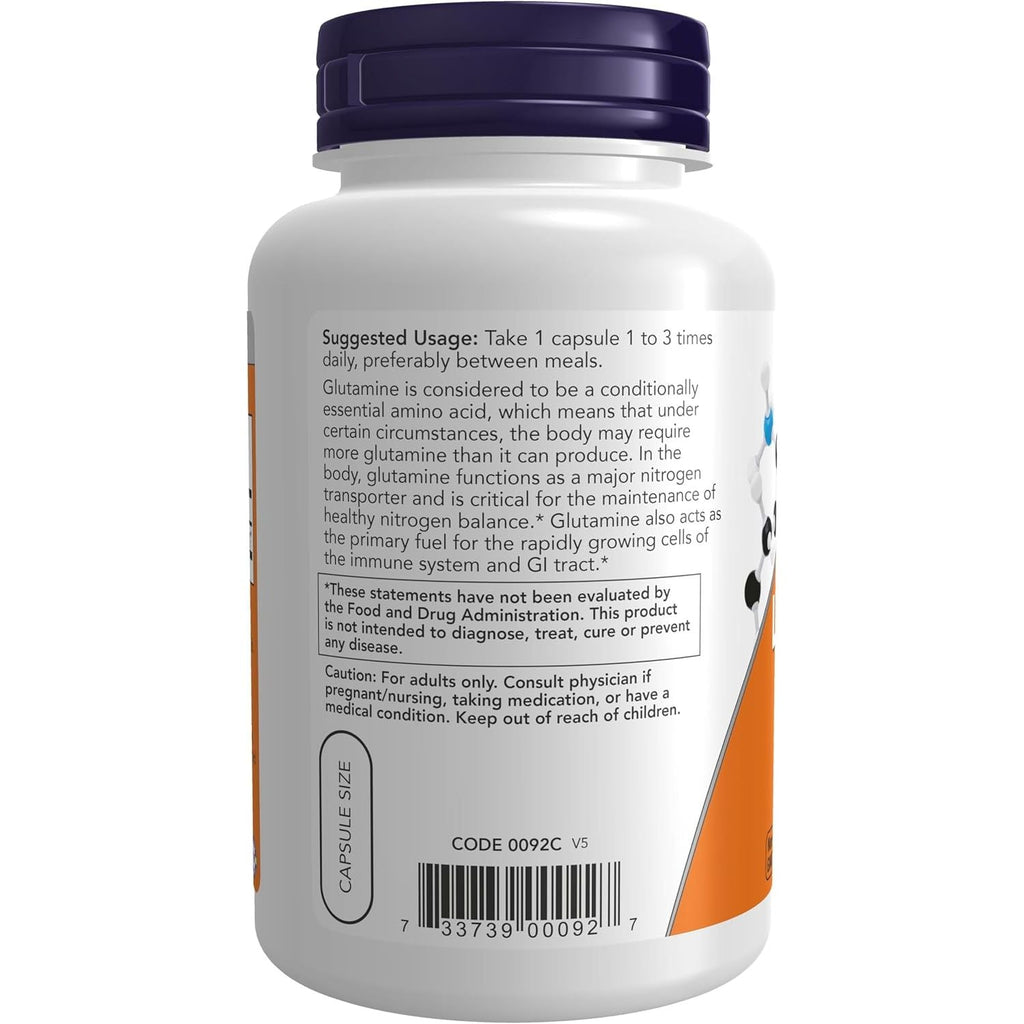 Buy now NOW Foods Supplements, L-Glutamine 500 mg, Nitrogen Transporter*, Amino Acid, 120 Veg Capsules at indiglob india