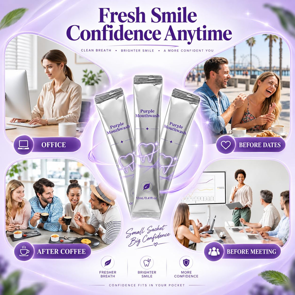 Purple Mouthwash Whitening Sachets 40 Pack, Color Correcting Mouthwash - Peroxide & Alcohol Free, Freshens Therabreath, Oral Care Supports, Mint Flavor