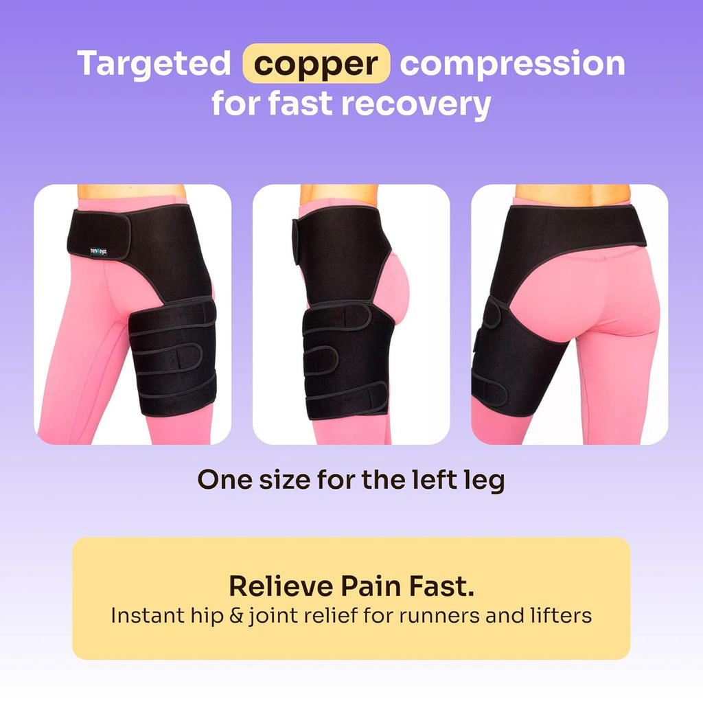 Buy now Copper Compression Hip Brace Sciatica - Groin Wrap for Pain Relief Thigh Compression Sleeve - Support for Hip Flexor Arthritis for Pulled Muscles-Sciatica Nerve Brace Injury for Men and Women (Left at indiglob india