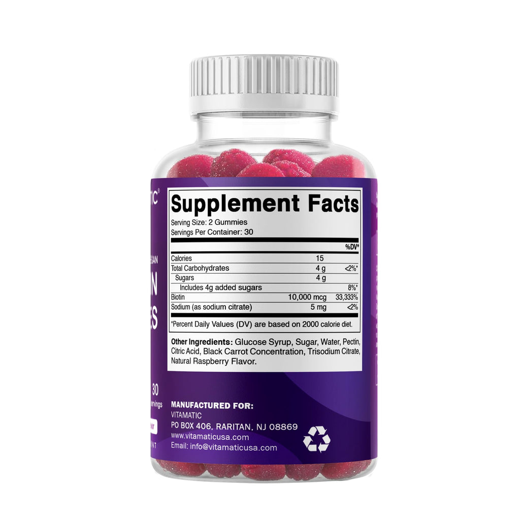 Vitamatic Biotin 10,000 mcg, 60 Vegan Gummies, Raspberry Flavor-2 Pack | 10000 mcg Per Serving, Natural Raspberry Flavor, Pectin Based, Non-GMO, Gluten Free, GMP Certified