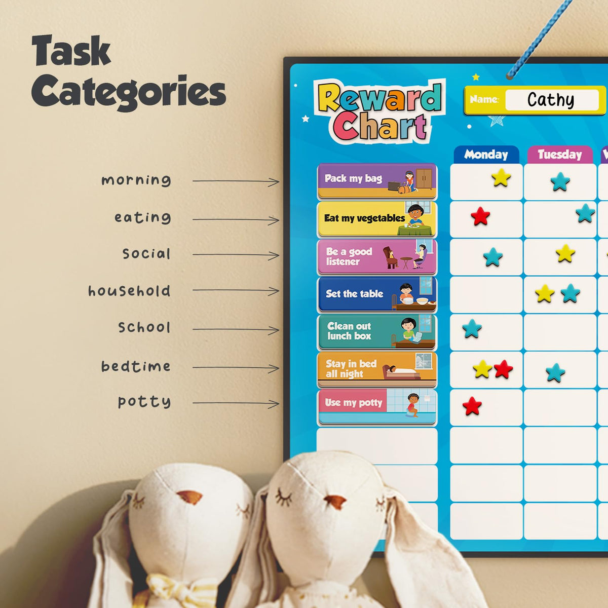 inamio Magnetic Kids Responsibility Reward Chart - Engaging 3D Stars & Chore Tasks - Behavior Chart for Home & School - Ideal for Ages 3-9, Multiple Kids