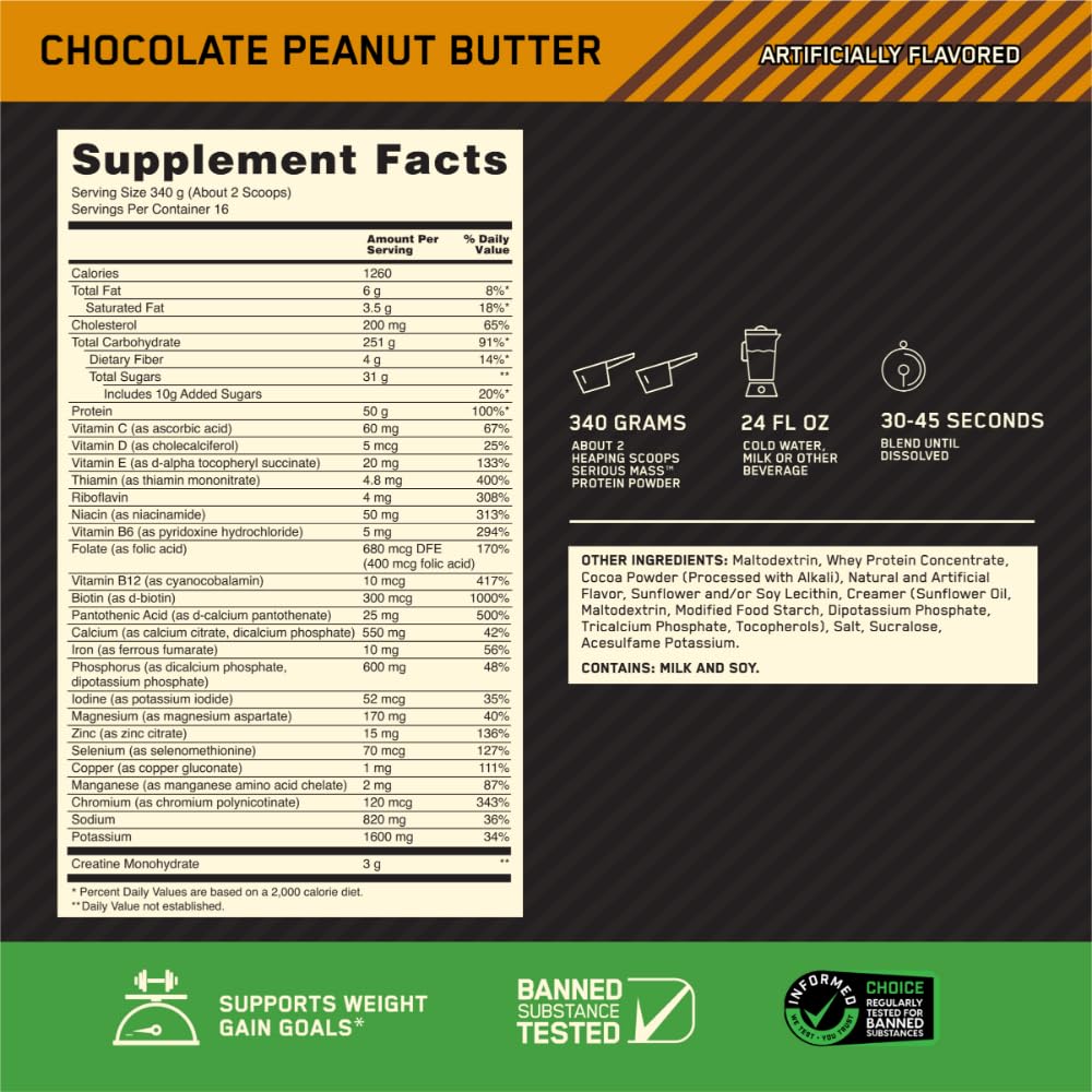 Buy now Optimum Nutrition Serious Mass, Weight Gainer Protein Powder, Mass Gainer, Vitamin C and Zinc for Immune Support, Creatine, Chocolate Peanut Butter, 12 Pound (Packaging May Vary) at indiglob india