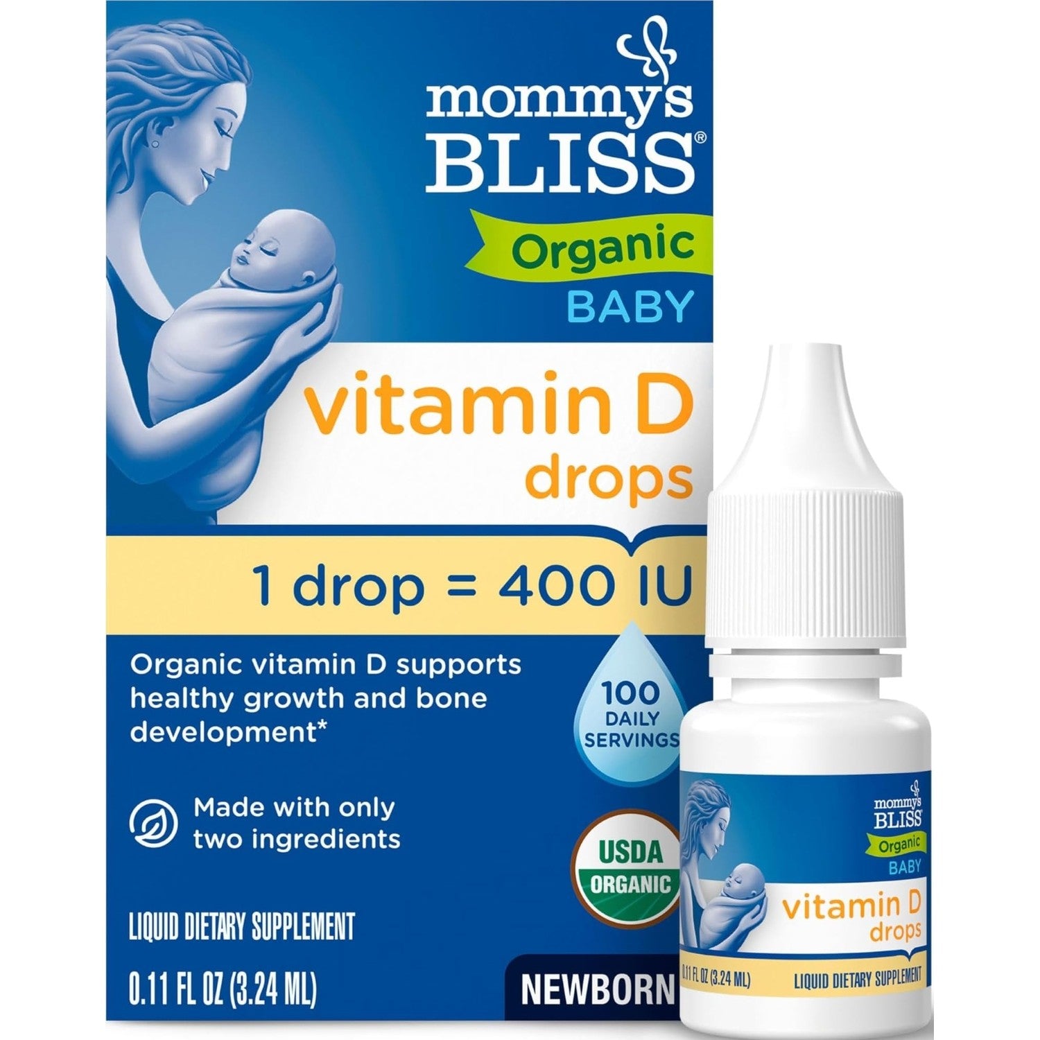 Mommy's Bliss Organic Baby Vitamin D Drops, No Artificial Color, 0.11 Fl Oz | Vitamin D3 that promotes healthy growth and bone development in newborns and up; 100 servings per pack