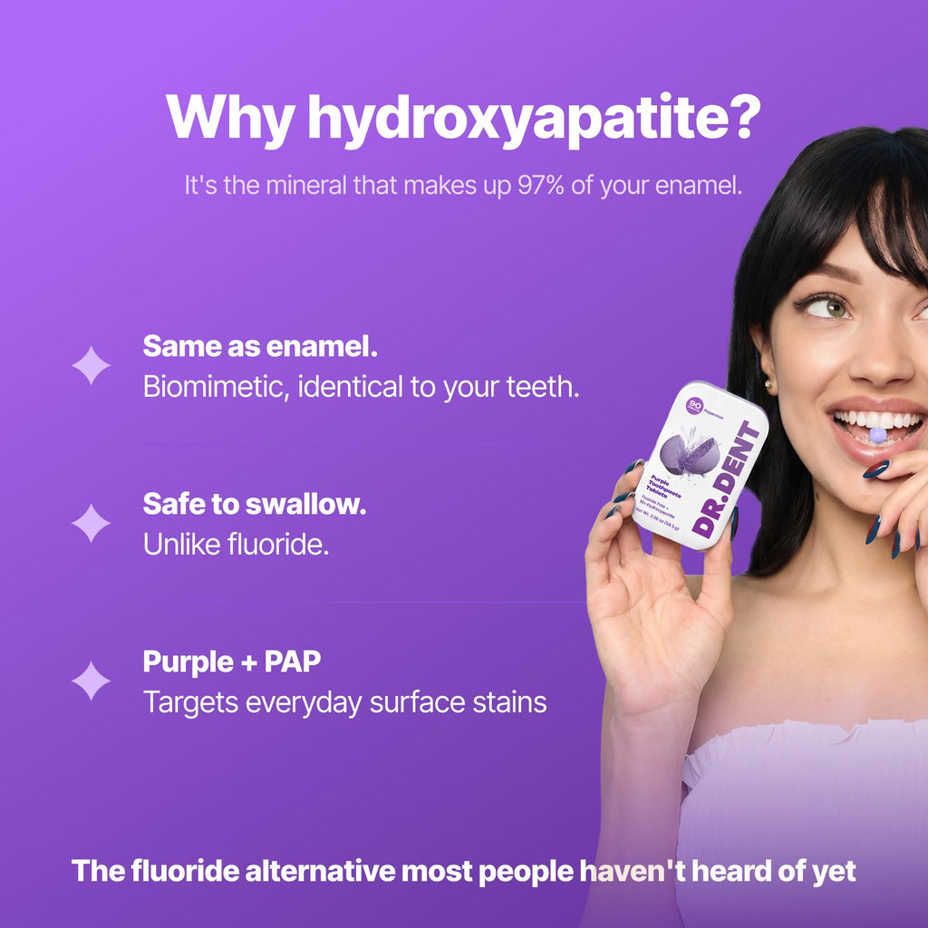 DR.DENT Purple Toothpaste Tablets with 10% Hydroxyapatite, Pap & Xylitol, Color-Correcting *Whitening Formula, Fluoride-Free, SLS-Free, Vegan, 45-Day Supply (90 Chewable Tablets)