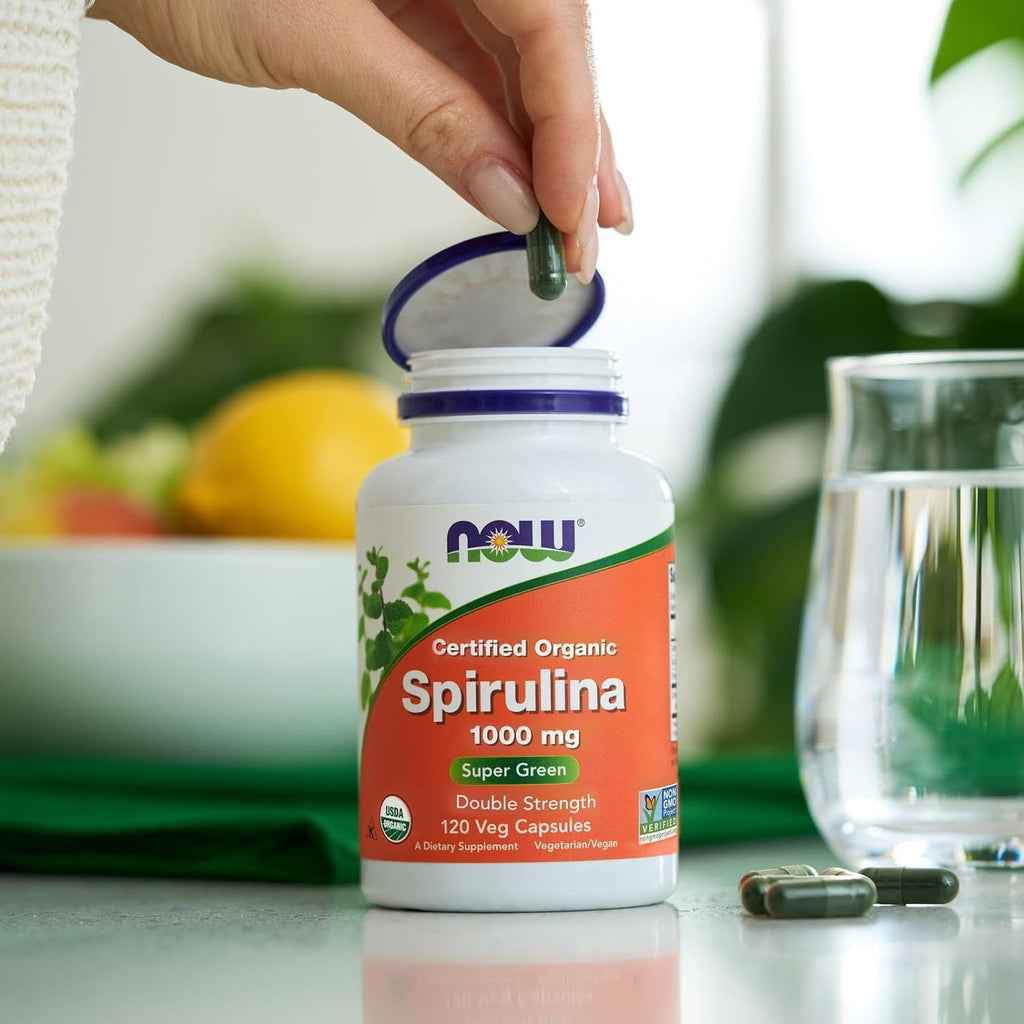 Buy now NOW Foods Supplements, Certified Organic, Spirulina 1000 mg (Double Strength), Rich in Beta-Carotene (Vitamin A) and B-12 with naturally occurring GLA , 120 Tablets at indiglob india