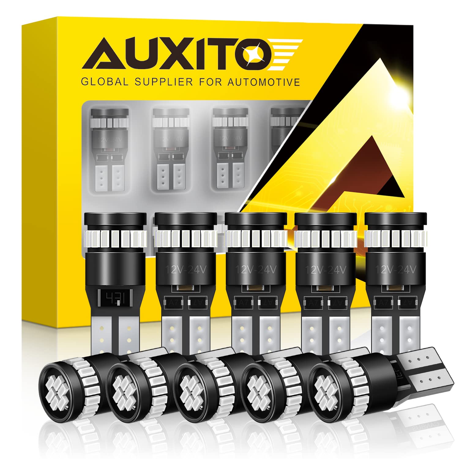 Buy now AUXITO 194 LED Light Bulb 6000K White 168 2825 W5W T10 Wedge 24-SMD 3014 Chipsets LED Replacement Light Kit Error Free for Car Interior Dome Map Door License Marker Lights, Pack of 10 194 168 at indiglob india