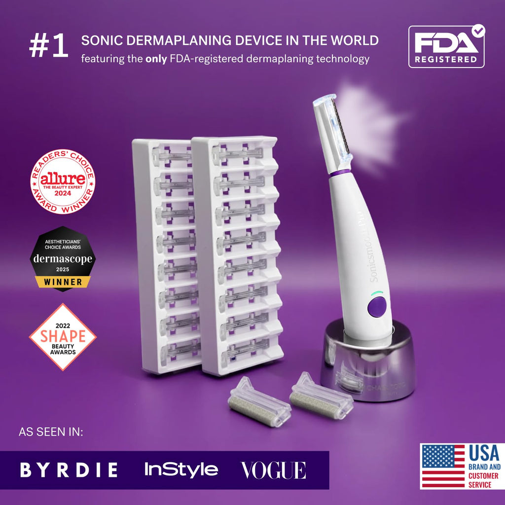Michael Todd Beauty Sonicsmooth Pro+ Dermaplaning System & Eyebrow Trimmer | Peach Fuzz Removal, Dermaplane Razor for Women Face w/ 16 Blades & 2 Microsmooth Exfoliation Tips, LED Light, 3-Year Warranty