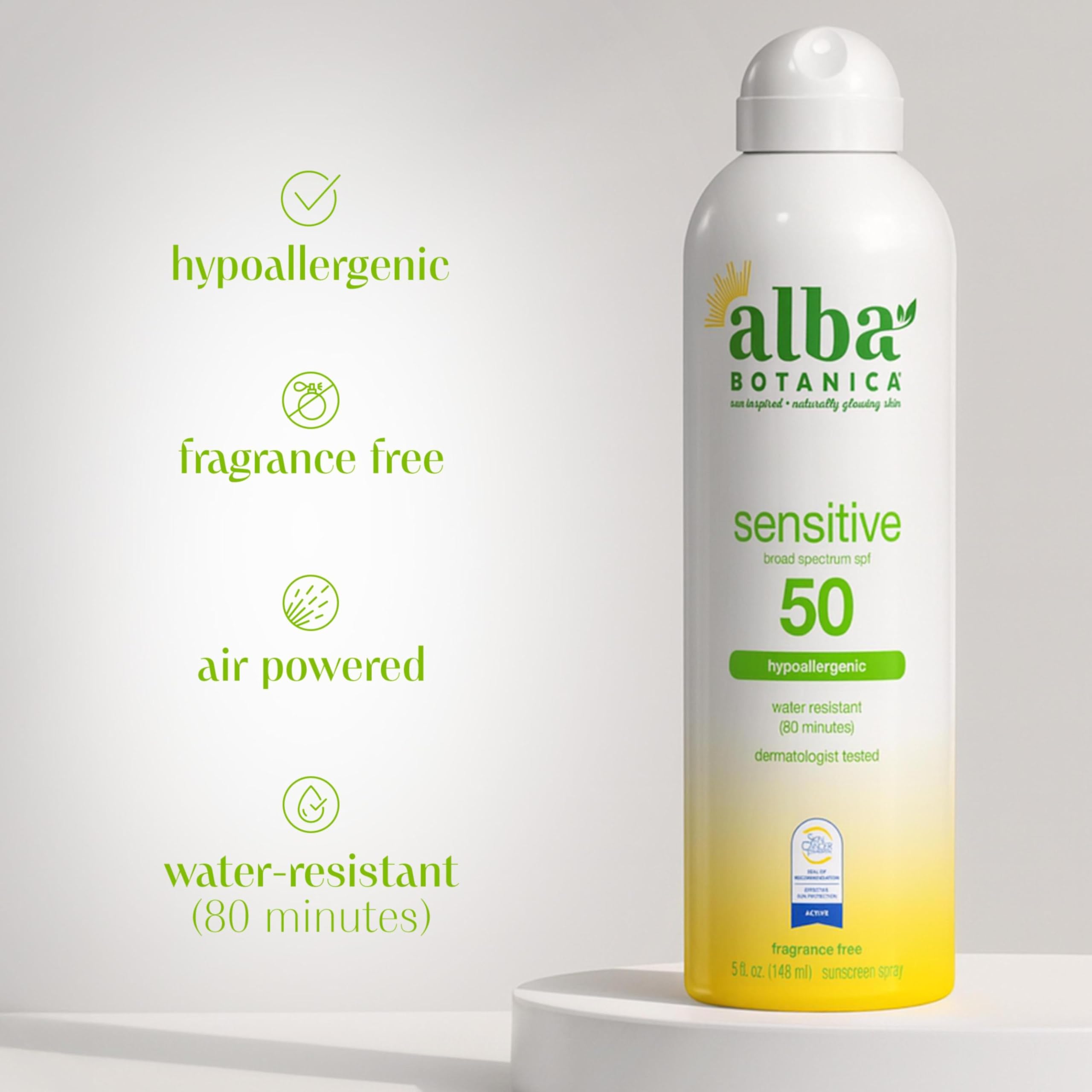 Buy now Alba Botanica Sensitive Sunscreen Spray for Face and Body, Fragrance-Free, Broad Spectrum SPF 50, Water Resistant, 5 fl. oz. Bottle at indiglob india