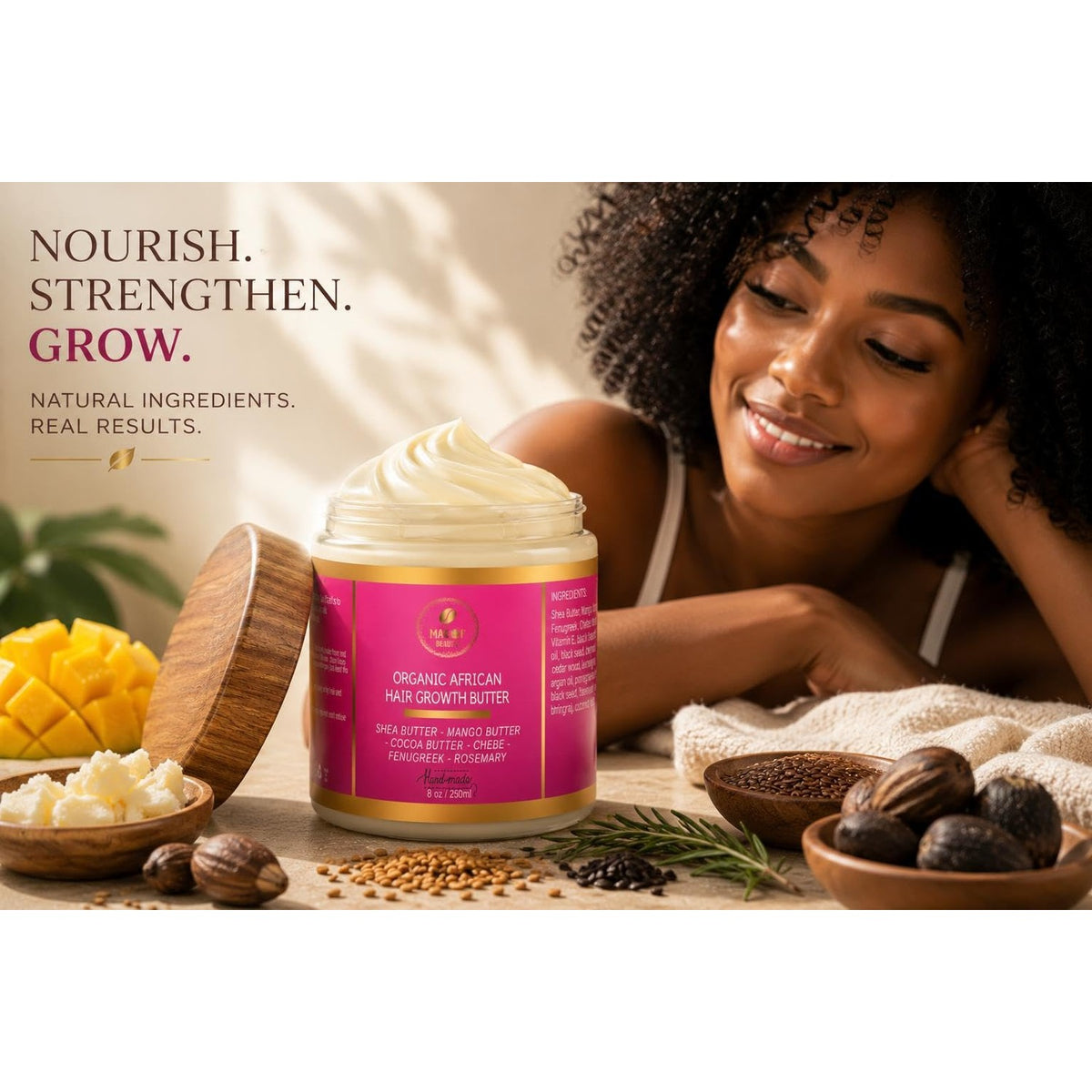 Chebe Hair Growth and Thickening Butter - Ayurvedic Deep Conditioner with Shea, Cocoa, Mango Butter, Fenugreek, and Rosemary for All Hair Types, 8 oz