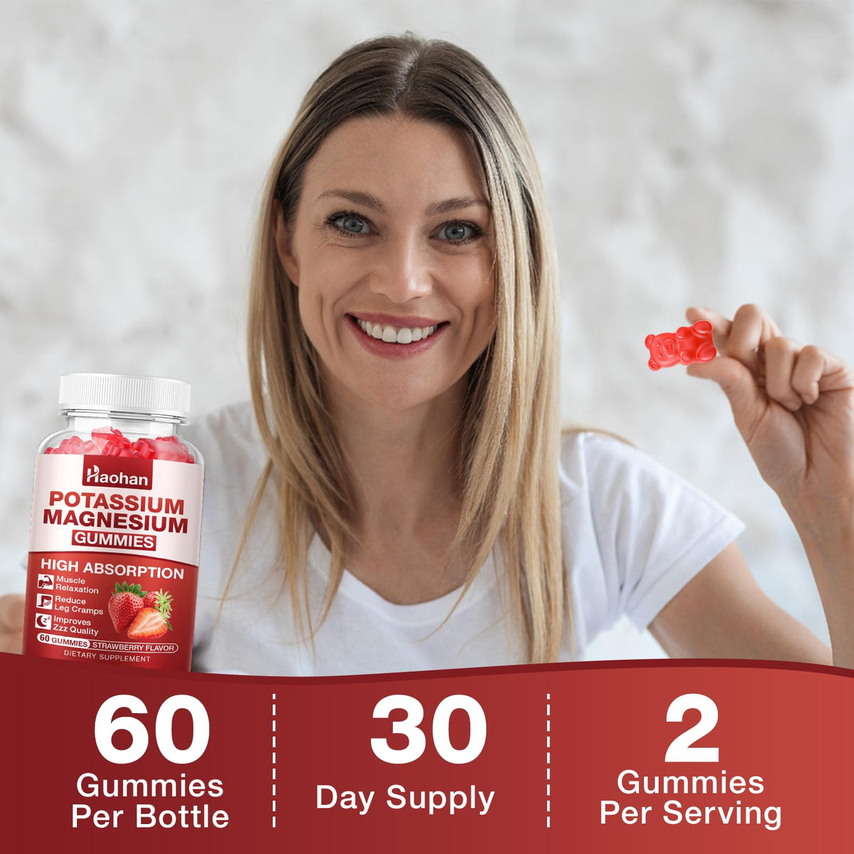 Potassium Magnesium Gummies with Electrolytes & Vitamins - Magnesium Glycinate, Potassium Citrate, Calcium, Vitamins B6, D3 & K2 for Muscle Function & Recovery - Vegan, Strawberry, 60 Count