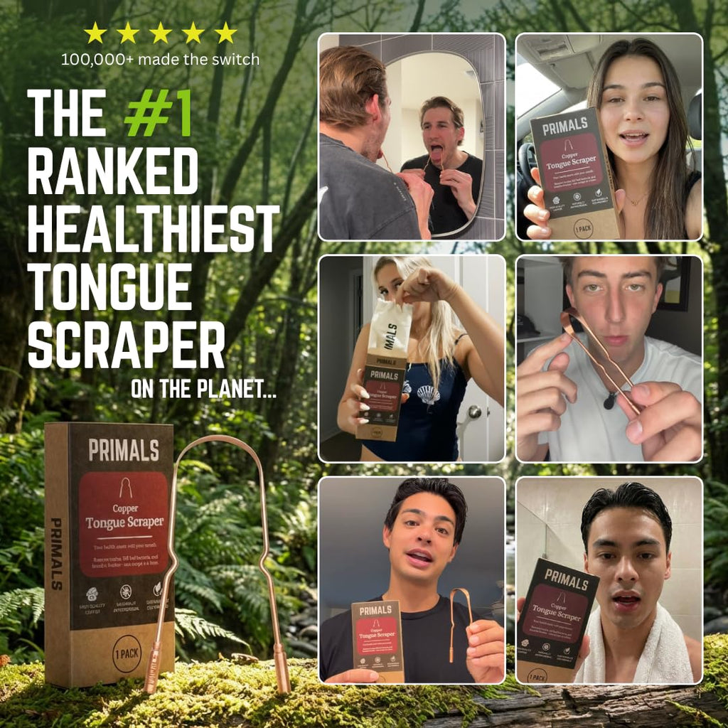 PRIMALS Copper Tongue Scraper - Fresher Breath & Improved Oral Health - Natural Ayurvedic Cleaner for Daily Detox - Rust-Resistant, Eco-Friendly with Travel Cloth Pouch Included (1 Count)