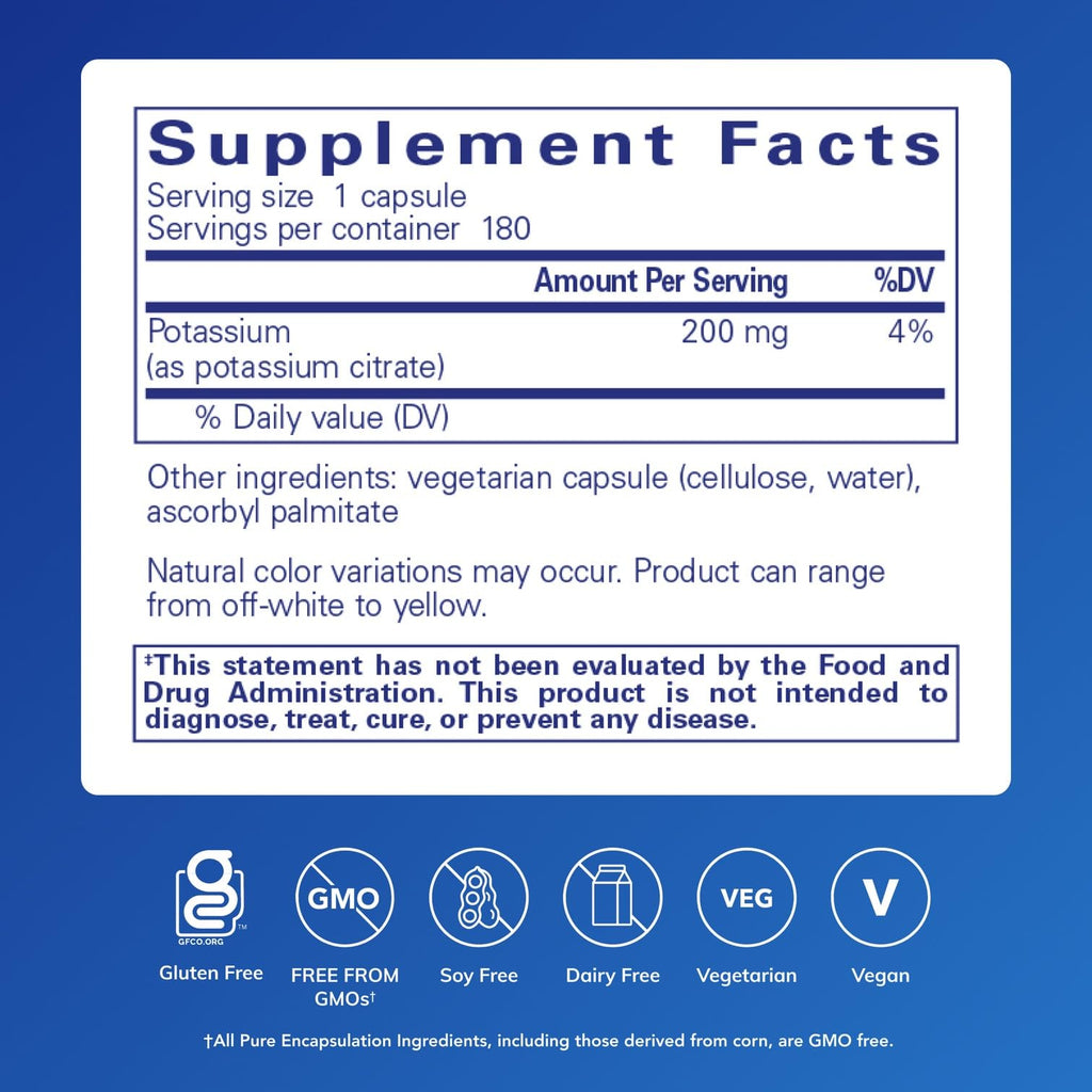 Pure Encapsulations Potassium (Citrate), 180 Capsules | Essential Electrolyte Supplement to Support Nerve and Muscle Function, Adrenals, Hormones, Heart Health, and Energy*