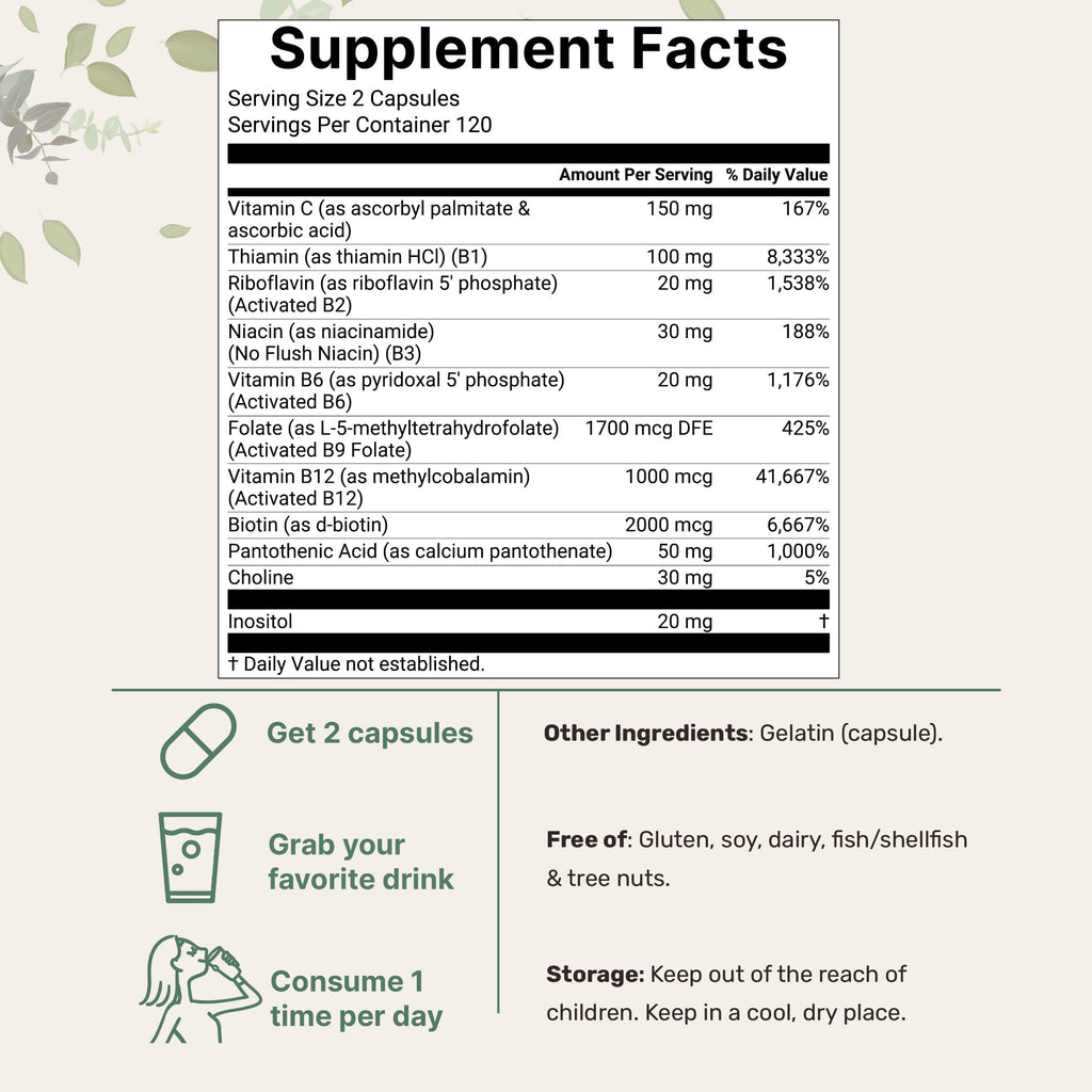 Micro Ingredients Pure Methylated B Complex Vitamins, 240 Capsules | 11-in-1 with Methylfolate, Methylcobalamin B12 & P5P + Fat-Soluble Vitamin C, Choline & Inositol. Filler Free, Non-GMO.