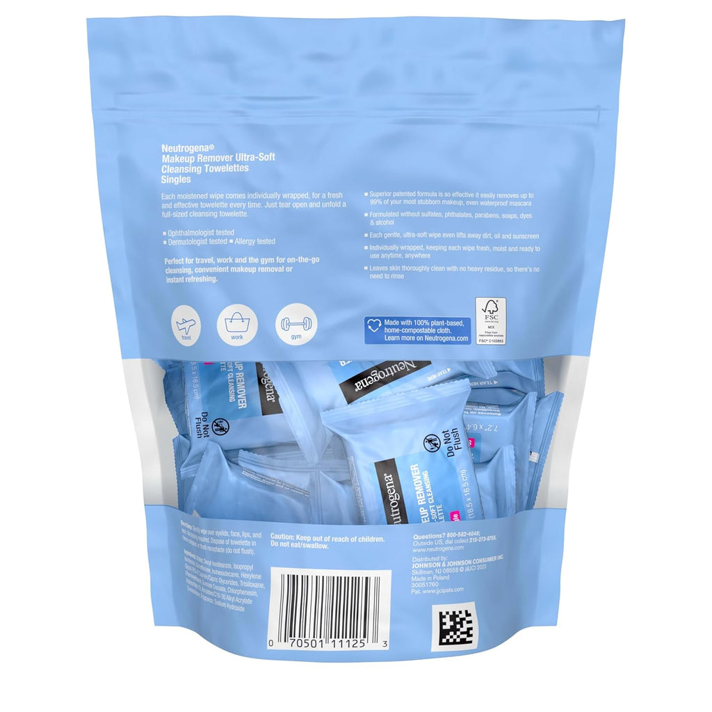 Buy now Neutrogena Makeup Remover Wipes, Daily Single Face Cleansing Towelettes, Makeup Removing Cleansing Wipes Removes Dirt & Oil, Alcohol-Free Face Towelettes, 20 ct at indiglob india