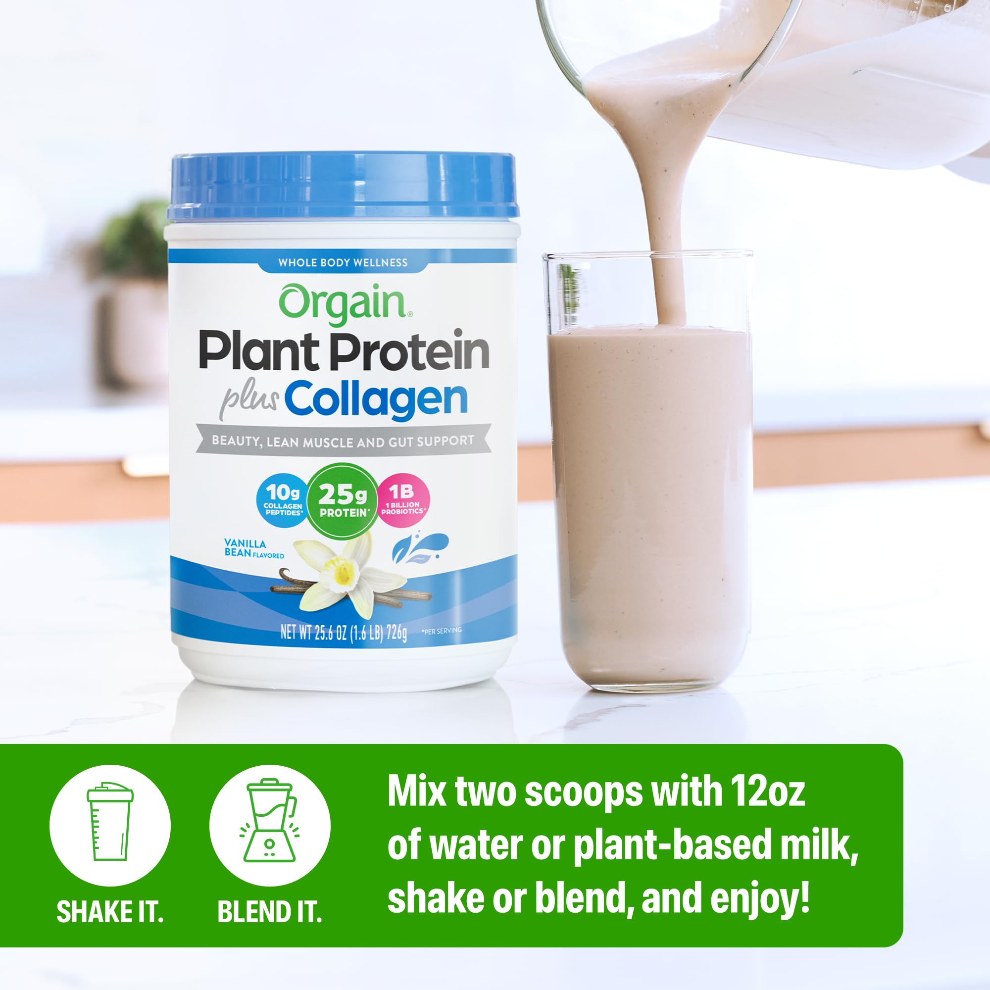 Orgain Organic 25g Protein + 10g Collagen Powder, Vanilla Bean, 1.6lb | Plant based protein with collagen peptides type I & III, 1B CFU probiotics, supports hair, skin, nails, joints & gut health