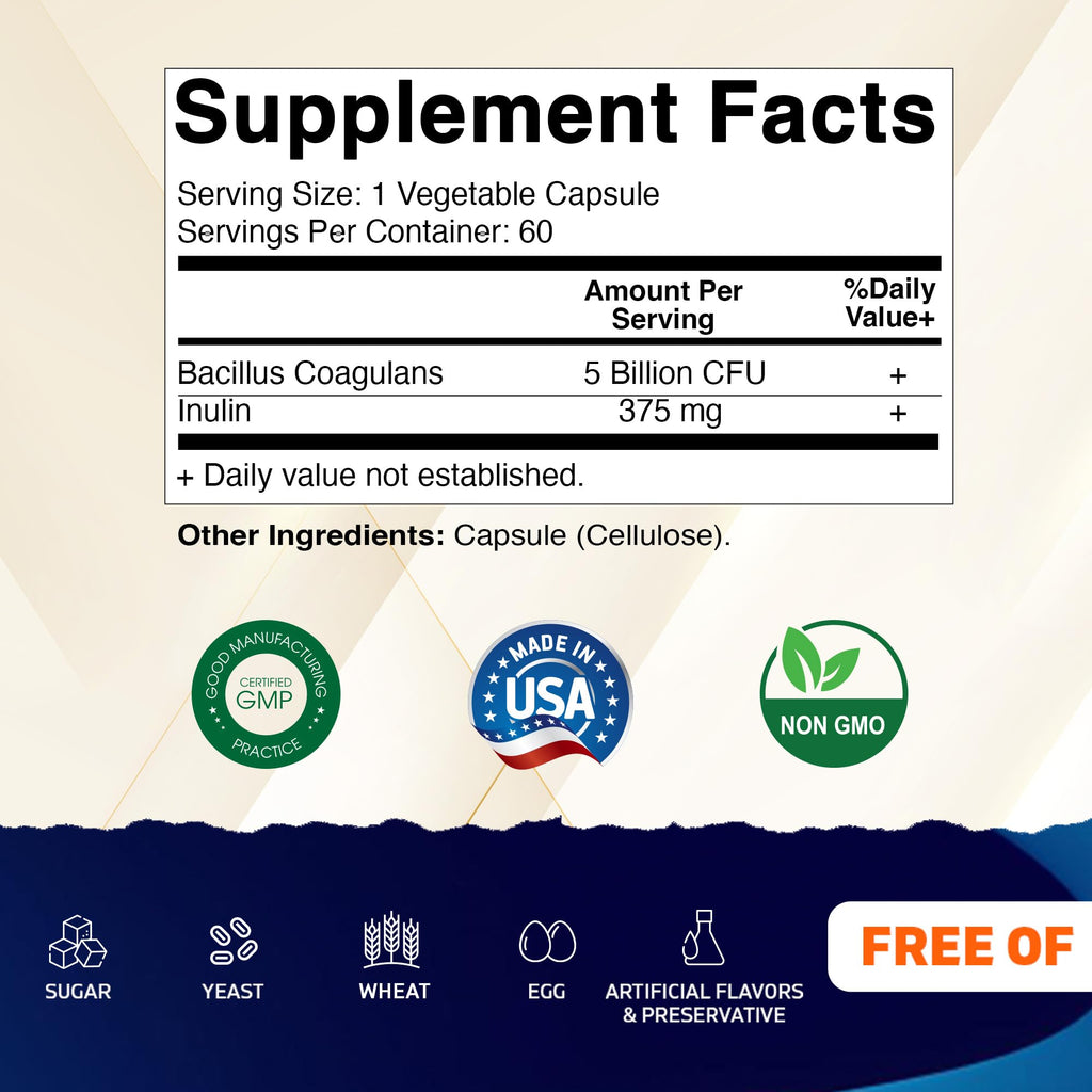 Vitamatic Bacillus Coagulans Shelf Stable Probiotic Supplement - Promote GI Digestive Health - 60 Vegetable Capsules - Survives Stomach Acids