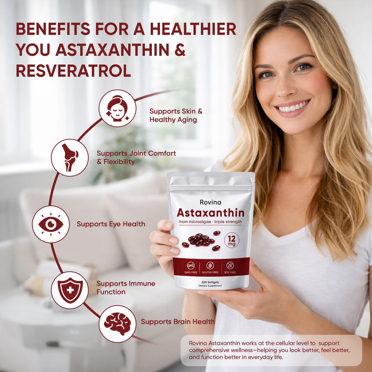 Rovina Astaxanthin 12mg Softgels - Premium Astaxanthin from Microalgae, Triple Strength, Immune Support - Non-GMO & Gluten Free 200 Softgels (1)