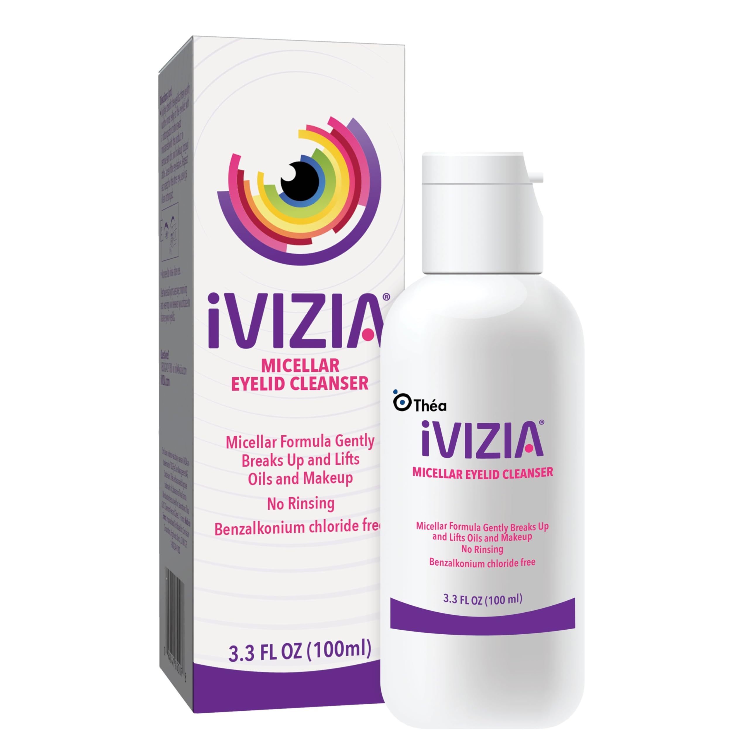 iVIZIA Micellar Eyelid Cleanser, 3.3 fl oz (100ml) | Micellar, Lifts oils and makeup, No Rinse, Gentle Eye Makeup Remover, Economical bottle for eyelids, BAK-free