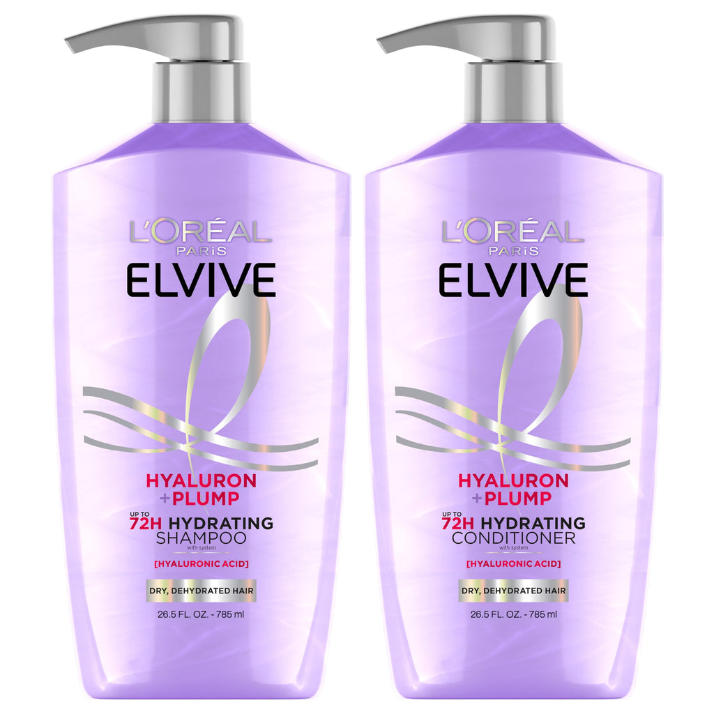 L'Oreal Paris Elvive Hyaluron Plump Shampoo and Conditioner Set for Dry, Dehydrated Hair, 72H Hydrating Hair Care, Infused with Hyaluronic Acid Complex, 53 Fl Oz Set