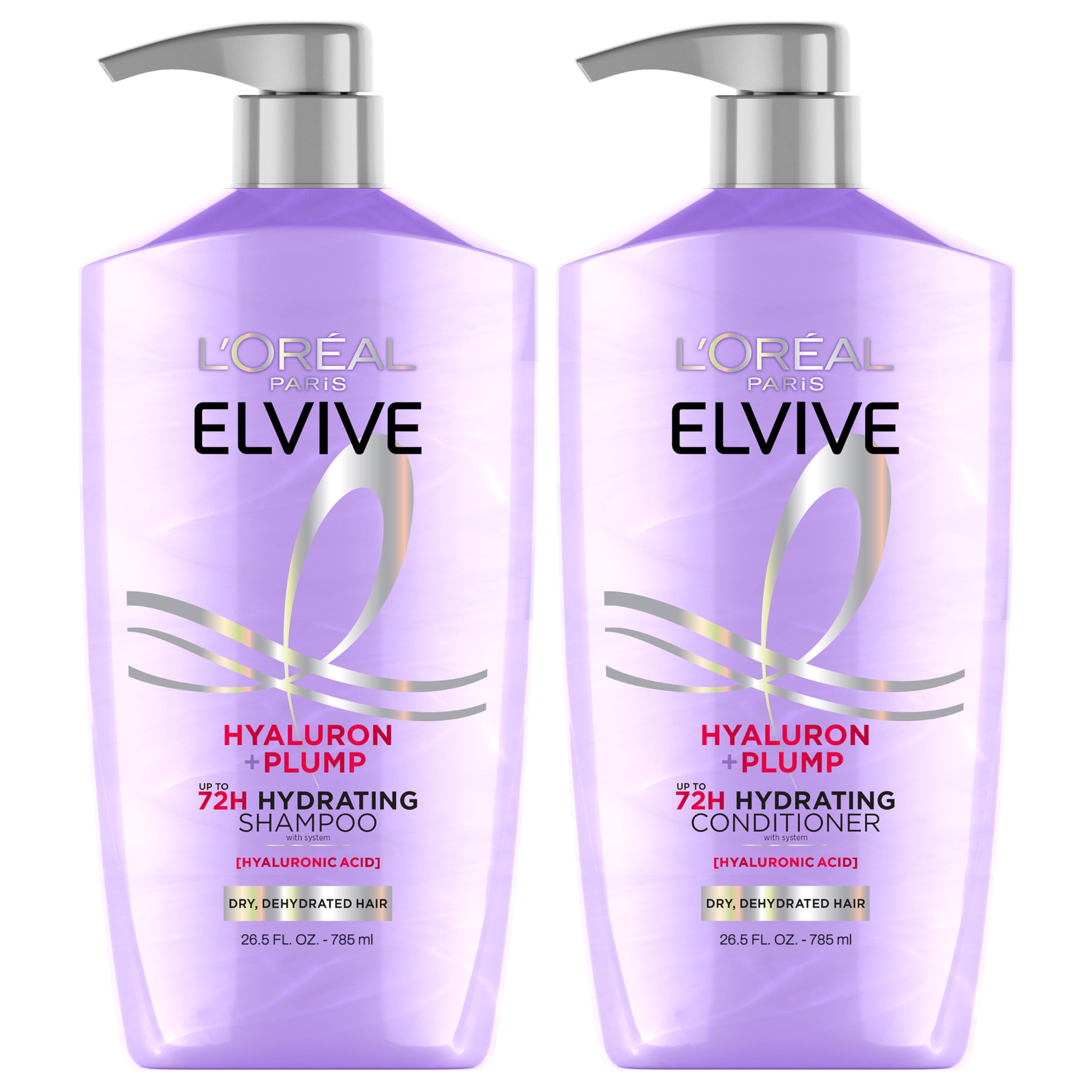 L'Oreal Paris Elvive Hyaluron Plump Shampoo and Conditioner Set for Dry, Dehydrated Hair, 72H Hydrating Hair Care, Infused with Hyaluronic Acid Complex, 53 Fl Oz Set