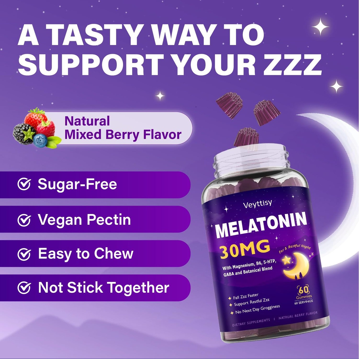 Melatonin 30mg Gummies for Adults - Sugar Free Melatonin Gummies | Maximum Strength with Magnesium, B6, GABA & Botanical Blend - Non-Habit Forming, Vegan, Non GMO, Natural Mixed Berry Flavor