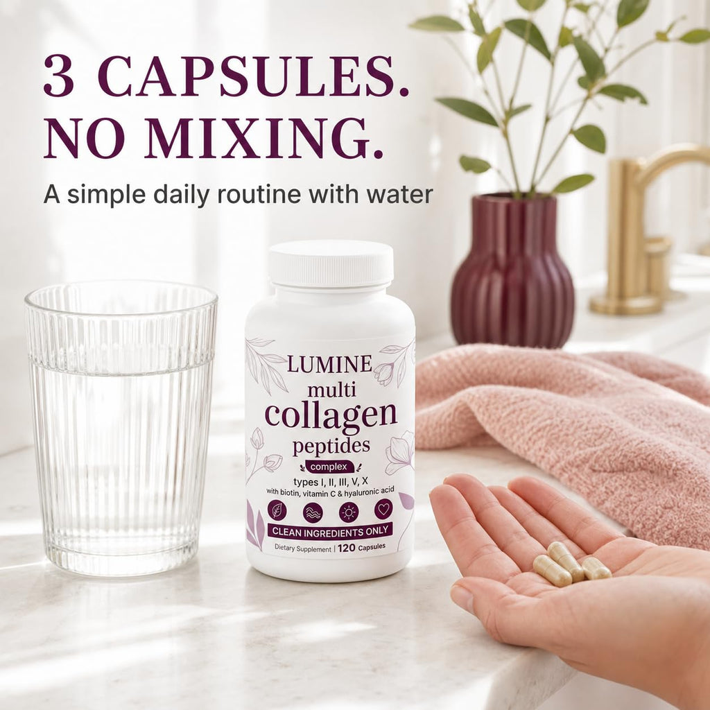 LUMINE Multi Collagen Complex Capsules, Collagen Peptides, Non-GMO Ingredients,Free from Gluten and Soy. Vegan-Friendly, 120Capsules / 60 Servings