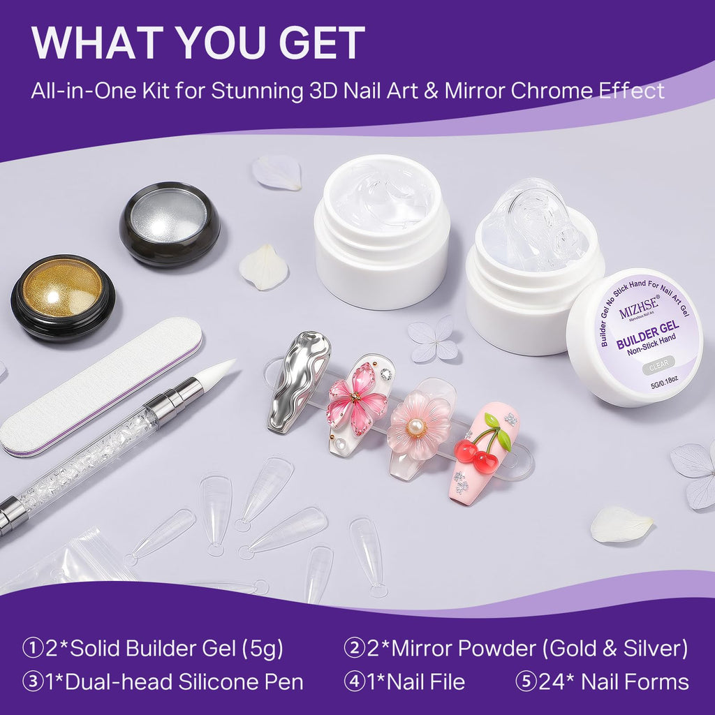 MIZHSE 3D Sculpting Gel Kit includes builder gels, mirror powder, nail forms, and tools for creative nail art.