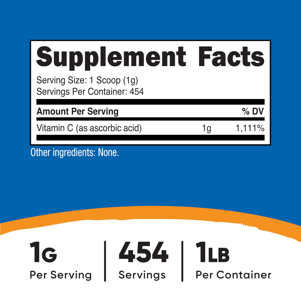 Nutricost Pure Ascorbic Acid Powder (1LB) Unflavored, Vitamin C Powder | 1g Per Serving, 454 Servings