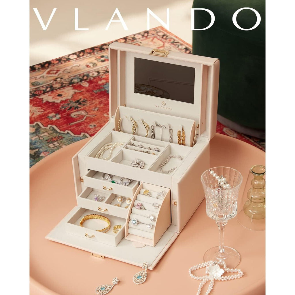 Buy now Vlando Jewelry Box Organizer for Girls Women, Large Baroque Jewelry Holder Organizer with Mirror, 3 Drawers for Bracelets, Earrings, Rings, Necklaces, Mothers Day for Loved One, Pink at indiglob india