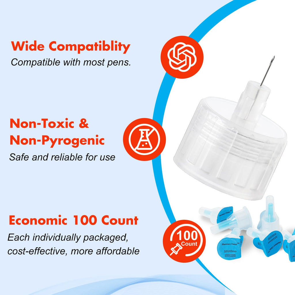 Pen Tips 32G x 5mm(3/16") ，Universal Fit, Sterile，Ultra-Thin Wall Technology. Comfortable and Precise，100 Count
