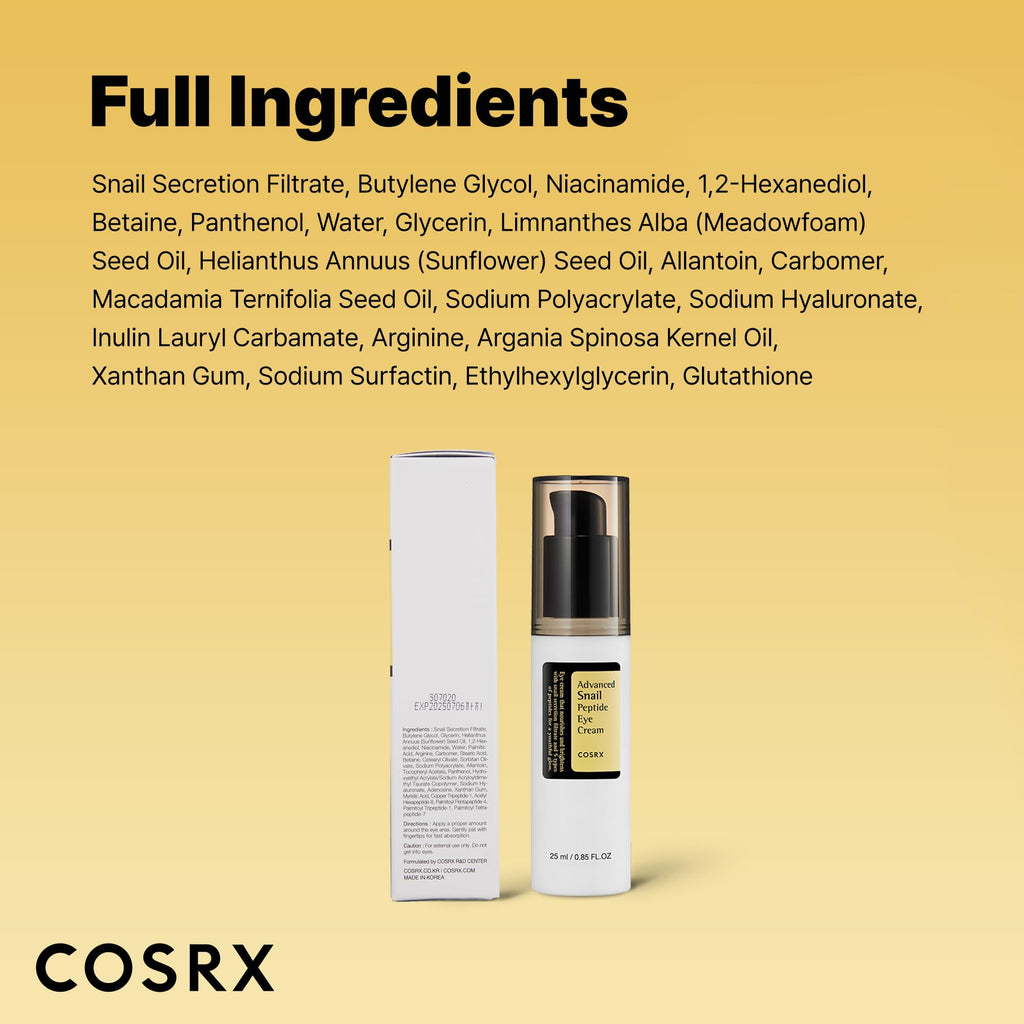 COSRX Snail Mucin Peptide Under Eye Cream for Anti-aging, 0.84 oz | 73.7% Snail Mucin, 5X Peptide and Niacinamide, Eye Care, Korean Eye Cream for Dark Circles, Korean Skin Care