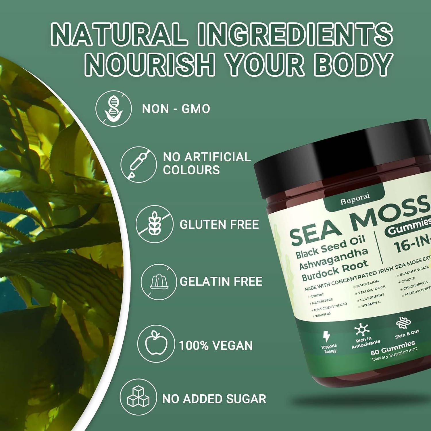 Sea Moss Gummies 16-1, Black Seed Oil Ashwagandha Turmeric Bladder Wrack Vitamin C Vitamin D3 Elderberry Manuka Dandelion Yellow Dock Apple Cider Vinegar for Men & Women