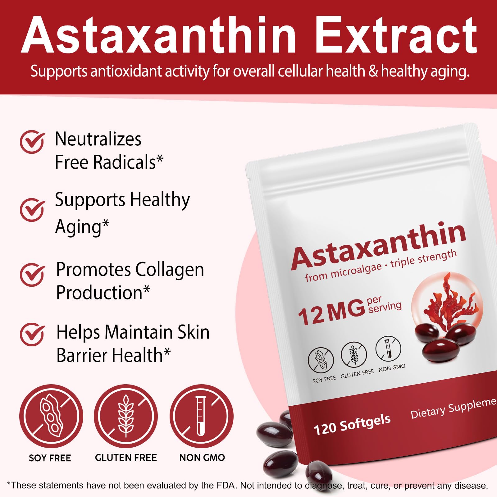 Xaarty Premium Astaxanthin 12mg, Natural Antioxidant Supplement for Eye, Joint, Skin Health,Microalgae Source, 4 Month Supply | Supports Internal Circulation, 120 Softgels